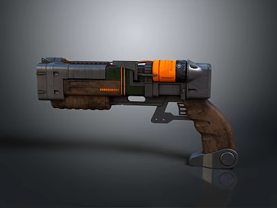 Tactical Pistol With Wooden Grip Metal Frame And Orange Accents 3d model