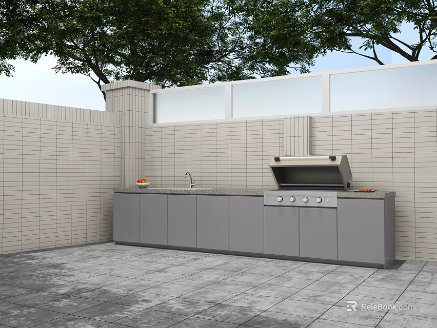 Outdoor Kitchen Design With Light Colored Brick Wall Gray Cabinets And Built In Grill 3d model 