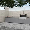 Outdoor Kitchen Design With Light Colored Brick Wall Gray Cabinets And Built In Grill