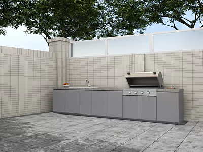 Outdoor Kitchen Design With Light Colored Brick Wall Gray Cabinets And Built In Grill 3d model