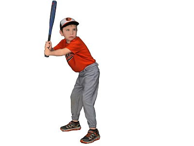 Man Swinging Baseball Bat in Red Shirt Gray Pants and White Cap 3d model