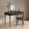 Black Wooden Dressing Table with Round Mirror Drawer and Comfortable Chair