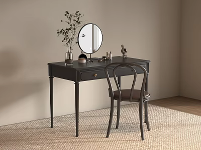 Black Wooden Dressing Table with Round Mirror Drawer and Comfortable Chair 3d model