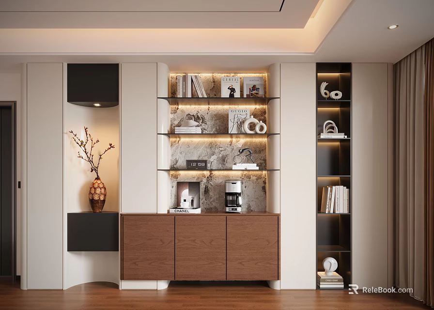 Stylish Modern Decorative Cabinet With Glass Shelves Books And Coffee Machine 3d model 
