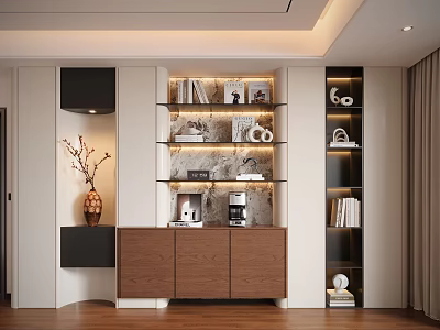 Stylish Modern Decorative Cabinet With Glass Shelves Books And Coffee Machine 3d model