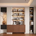 Stylish Modern Decorative Cabinet With Glass Shelves Books And Coffee Machine