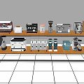 Modern Kitchen With Various Appliances Including Coffee Makers And Ovens On Shelves