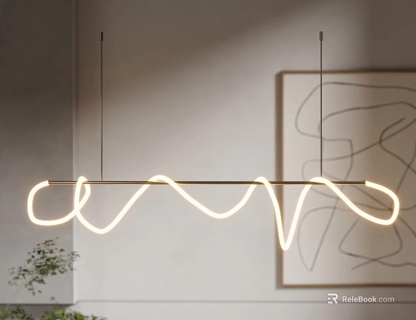 Modern Curved Illuminated Pendant Light In Minimalist Interior With Decorative Painting 3d model 
