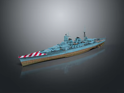 Blue Warship Model As Water Vehicle With Red And White Striped Hull 3d model