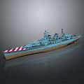 Blue Warship Model As Water Vehicle With Red And White Striped Hull