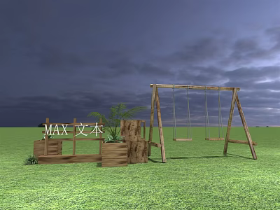 Wooden Playground Equipment With Swing Set And Sandbox On Green Grass 3d model