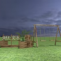 Wooden Playground Equipment With Swing Set And Sandbox On Green Grass
