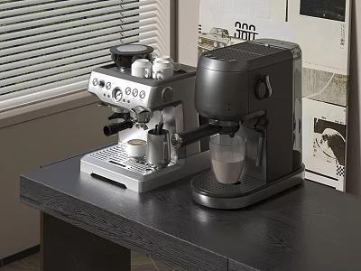 Two Silver and Gray Coffee Machines on Black Table with Coffee Cups and Window Blinds 3d model