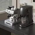 Two Silver and Gray Coffee Machines on Black Table with Coffee Cups and Window Blinds 3d model