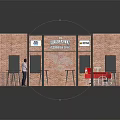 Bar Stools And Red Cart Furniture In Exhibition Stand With Brick Wall