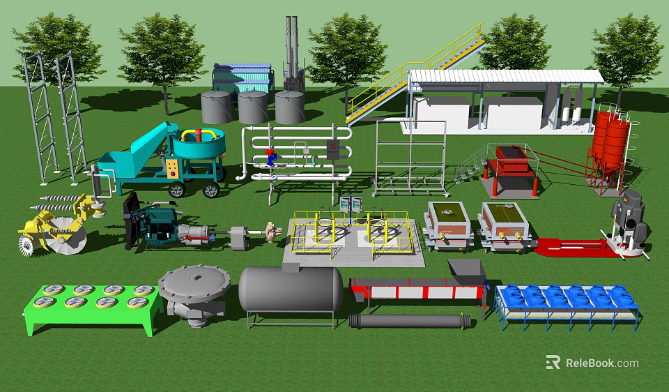 Industrial Equipment Setup With Storage Tanks Pipes Conveyor And Metal Frames 3d model 