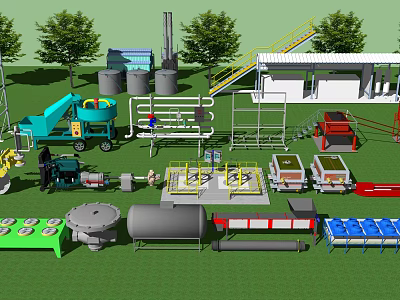 Industrial Equipment Setup With Storage Tanks Pipes Conveyor And Metal Frames 3d model