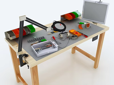 Work Desk Setup With Desk Lamp Tools Toolbox Screwdrivers Tape Measure Pliers And Computer Monitor 3d model