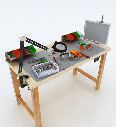 Work Desk Setup With Desk Lamp Tools Toolbox Screwdrivers Tape Measure Pliers And Computer Monitor 3d model