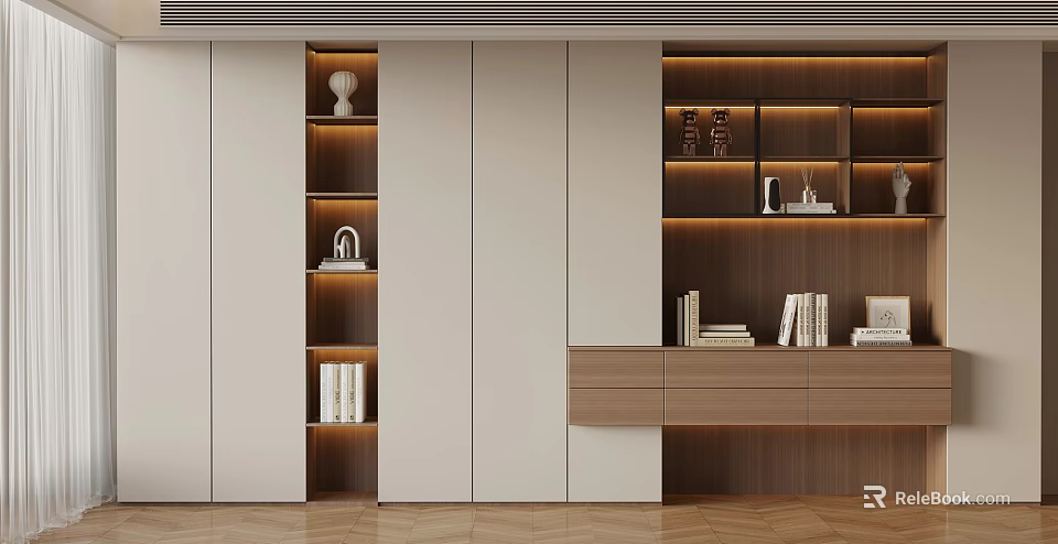 Minimalist Modern Interior With White Cabinetry Wooden Shelves Integrated Lighting And Decorative Items 3d model 