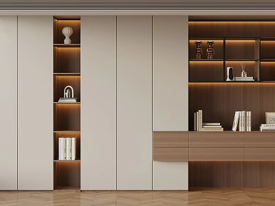 Minimalist Modern Interior With White Cabinetry Wooden Shelves Integrated Lighting And Decorative Items 3d model