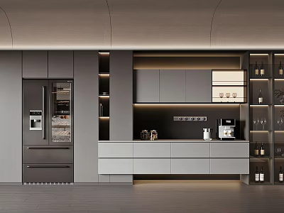 Modern Grey Sideboard With Storage Cabinets And Ambient Lighting In Kitchen Interior 3d model