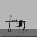 Modern Black Desk With Table Lamp And Black Office Chair In Bright Room With White Wall And Gray Carpet