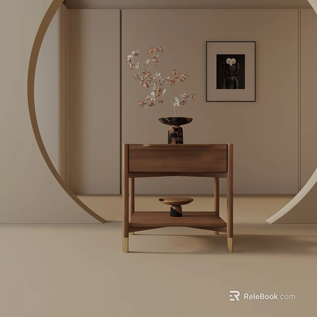Elegant Wooden Side Table With Drawer And Lower Shelf Holding Vase Flowers And Small Decor 3d model 