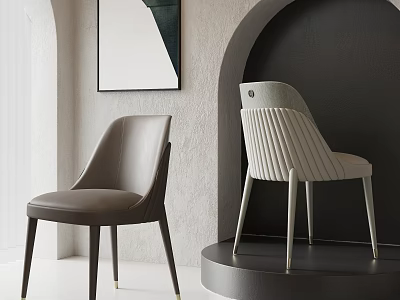 Gray Leather and White Striped Single Chairs with Arched White Wall and Hanging Art Decoration 3d model