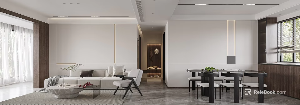 Elegant Modern Living Dining Room Interior With Sofa Coffee Table And Dining Chairs 3d model