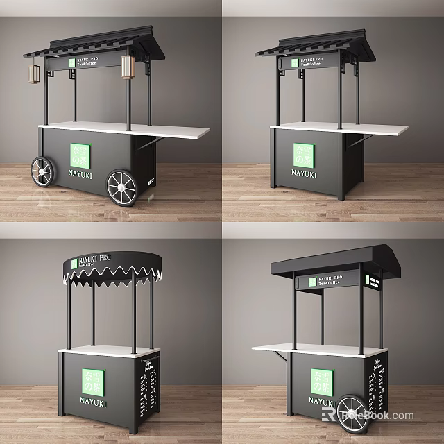 Modern Black Display Stand with Wheels Awning Bakery Branding and Natural Logo 3d model 
