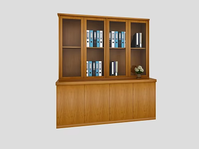 Wooden Bookshelf With Glass Door Upper Section Folders Books And Lower Cabinets 3d model
