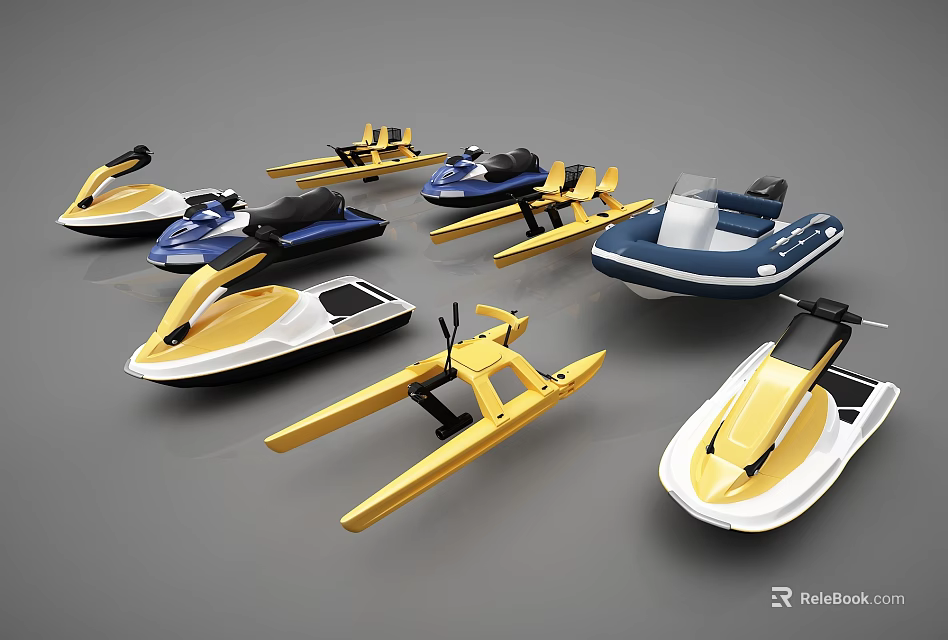 Various Jet Skis And Inflatable Boat Watercraft In Different Colors 3d model 