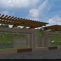 Outdoor Wooden Pergola With Stone Columns Green Plants Water Feature And Stone Pavement