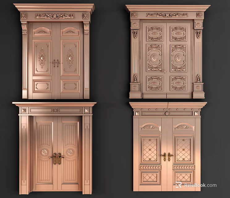 Carved Copper Double Doors With Classical Decorative Patterns And Elegant Frame Details In Traditional Style 3d model 