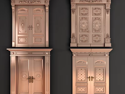 Carved Copper Double Doors With Classical Decorative Patterns And Elegant Frame Details In Traditional Style 3d model