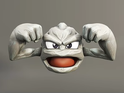 Game Movie Character With Stone Textured Muscular Arms Angry Expression And Clenched Fists Beside Head 3d model