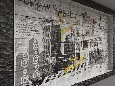Urban Rebel Graffiti Background Wall With Newspaper Texture Skyscraper Design And Yellow Accents 3d model