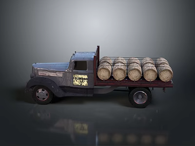 Vintage Truck Loaded With Wooden Barrels On The Back Classic Design And Retro Style 3d model
