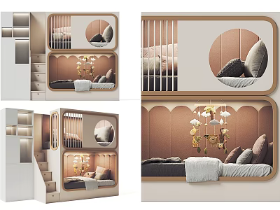 Modern Kids Bunk Bed With Staircase Storage Round Window Decorative Lights And Pillows 3d model