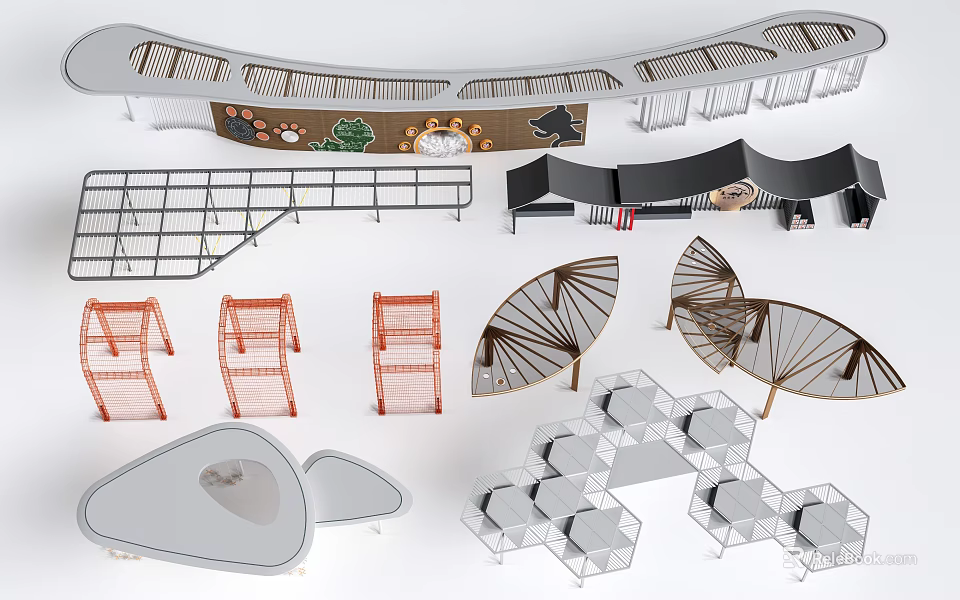 Various Modern Pergola Designs With Curved And Geometric Metal Wooden Outdoor Structures 3d model 