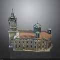 Classical Historical Building Model With Green Dome Tower Red Tiled Roof And Arched Windows