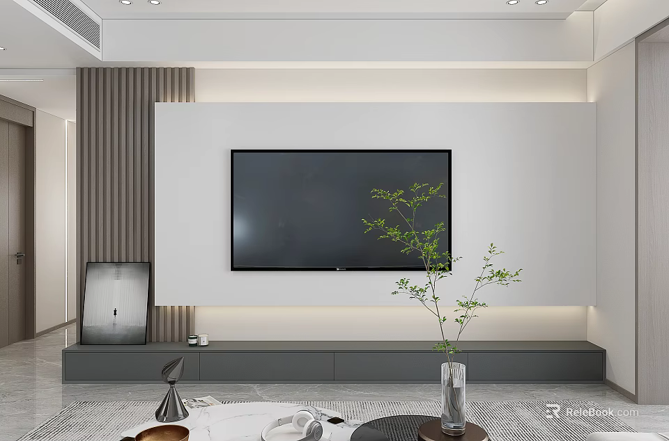 Modern Living Dining Room Interior With TV Wall Green Plant And Coffee Table Decor 3d model 