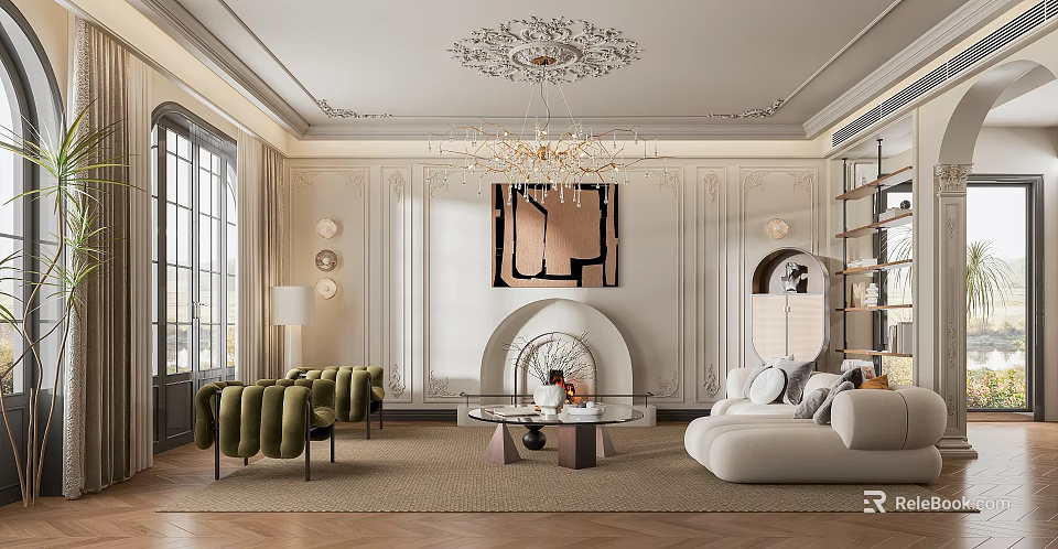 Elegant Living Room Interior With Ornate Chandelier Fireplace Green Armchairs And White Sofa 3d model 