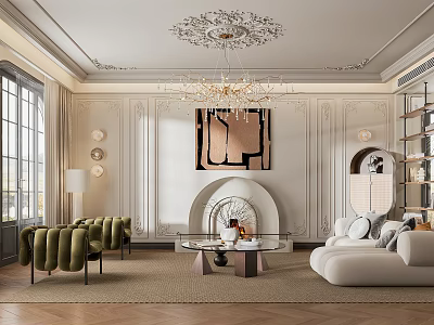 Elegant Living Room Interior With Ornate Chandelier Fireplace Green Armchairs And White Sofa 3d model