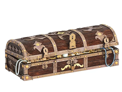 Elegant Jewelry Pearls and Necklaces Inside Vintage Wooden Chest with Decorative Metal Accents 3d model