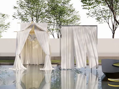 Elegant Pergola With White Curtains And Water Reflections Surrounded By Trees 3d model