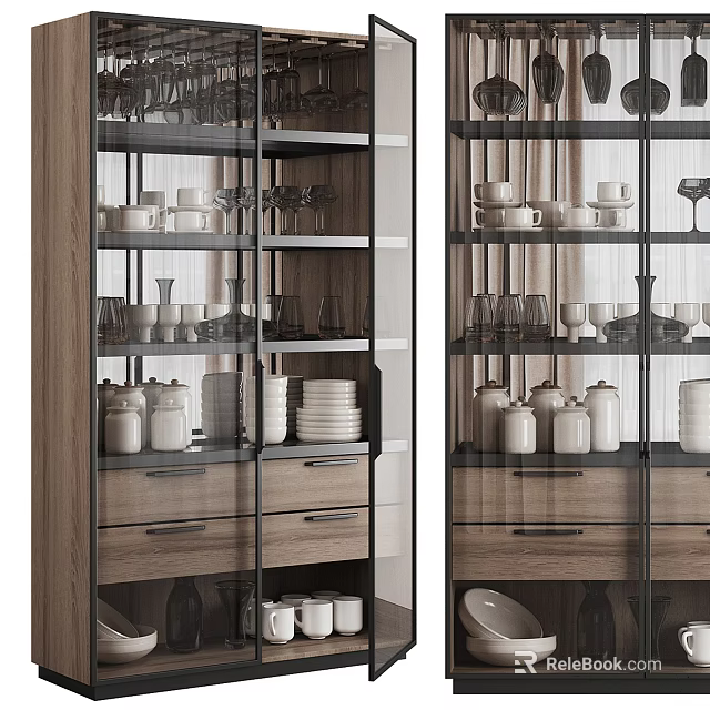 Modern Glass Door Cabinets With Dishes Cups Jars And Wooden Drawers 3d model 