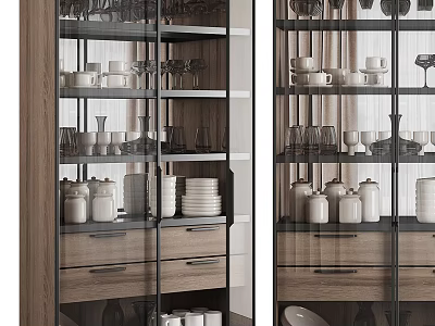 Modern Glass Door Cabinets With Dishes Cups Jars And Wooden Drawers 3d model