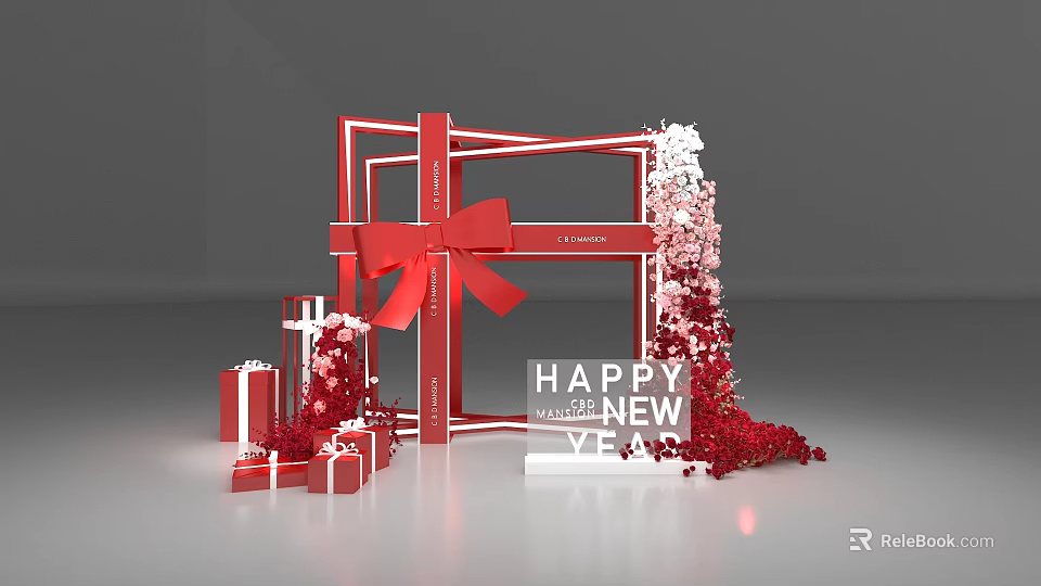 Floral Installation with Red Gift Boxes Large Bow Happy New Year Sign for Holiday 3d model 